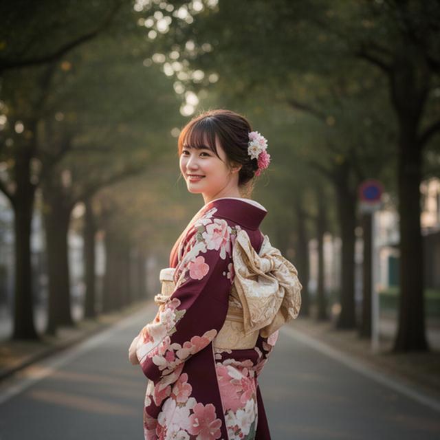 大井町の並木道で振袖姿の成人女性が穏やかに振り返る写真