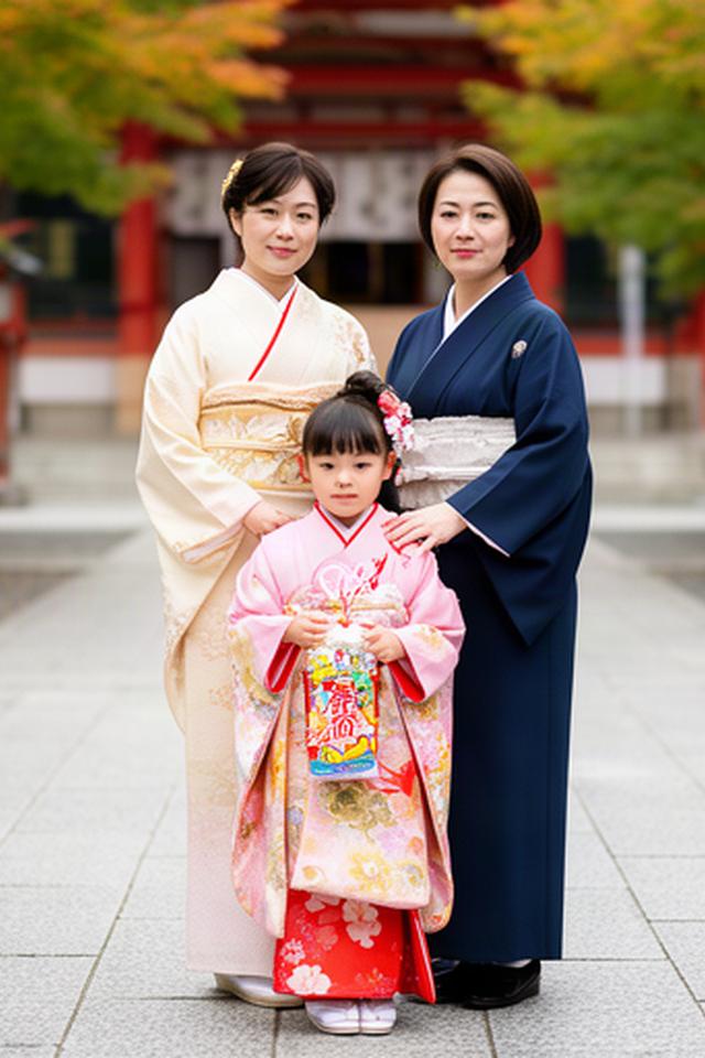 足柄の神社で千歳飴を持つ着物姿の女の子と両親