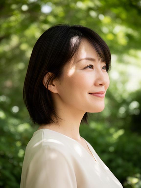 大井町の緑が見える場所で自然光を受ける女性のポートレート
