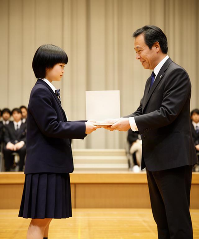 卒業式の壇上で証書を受け取る生徒と見守る先生
