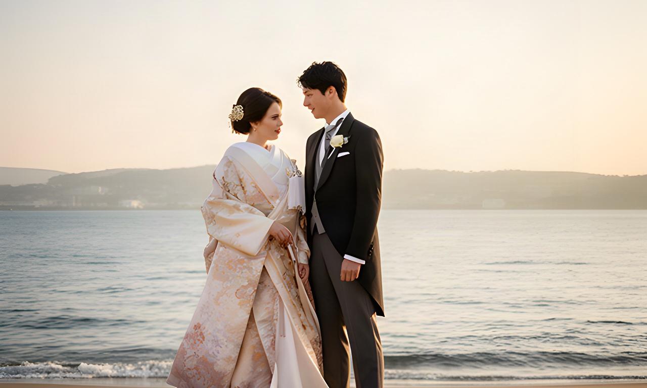 小田原の海辺で寄り添う和装と洋装の新郎新婦、柔らかな夕方の光